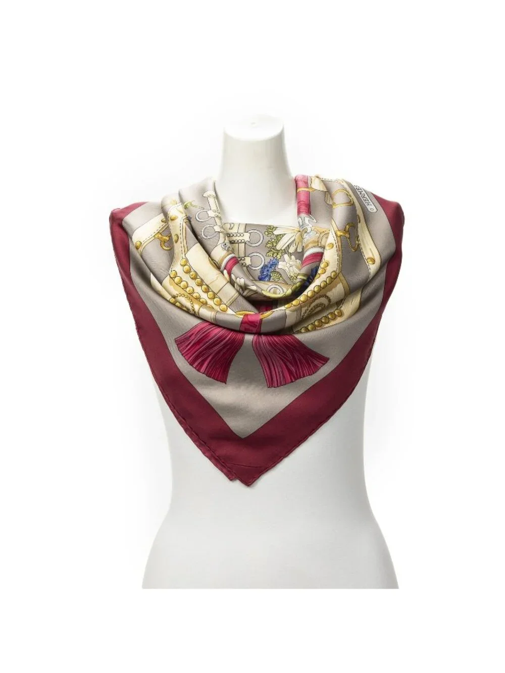 Hermes Scarf Red Gray 100% Gold Twill Silk